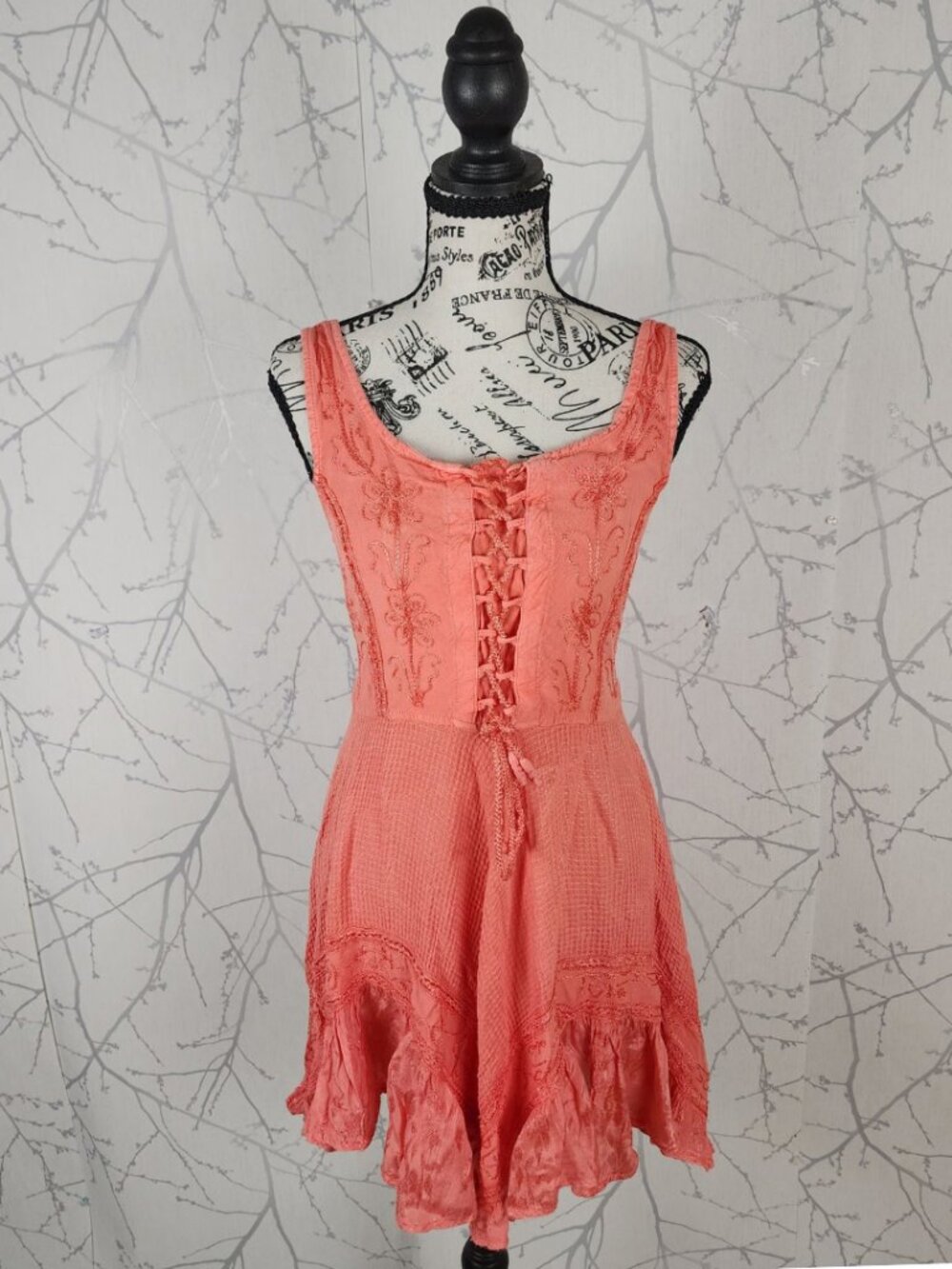 Orange Embroidered Lace Up Bodice Ruffle Hem Mini Dress